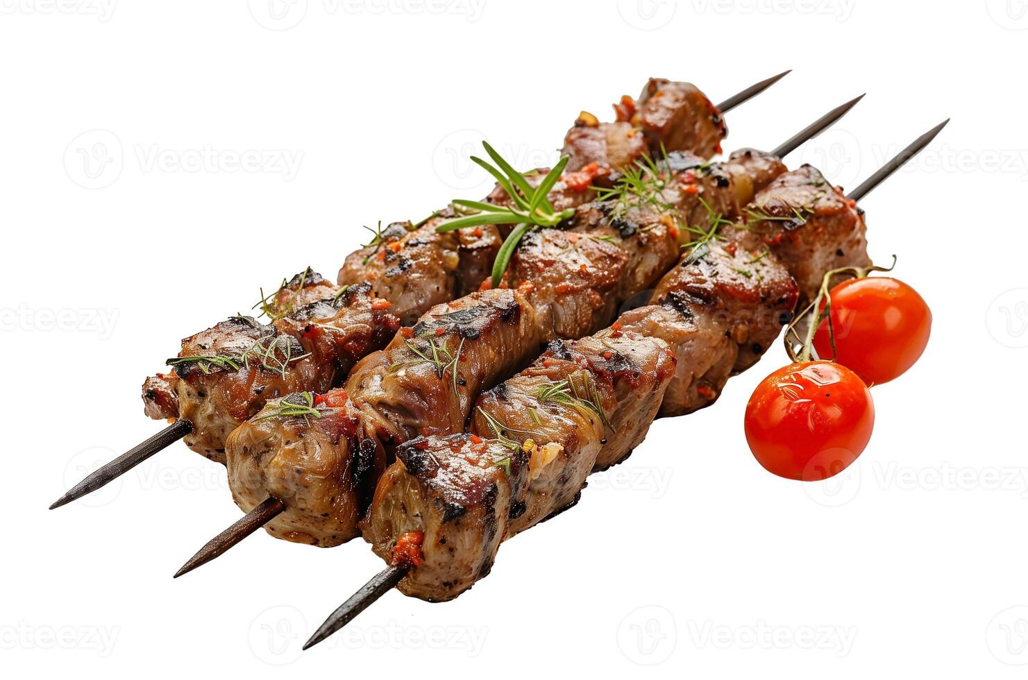 Grilled skewered meat with rosemary and cherry tomatoes isolated on a white background suitable for culinary websites, BBQ events, and summer gatherings photo