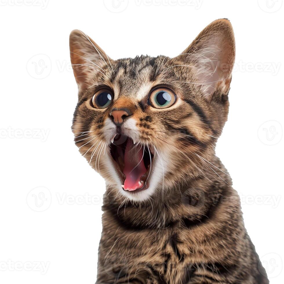 Surprised tabby cat with wide eyes and open mouth, isolated on a white background, perfect for pet care concepts and National Cat Day promotions photo