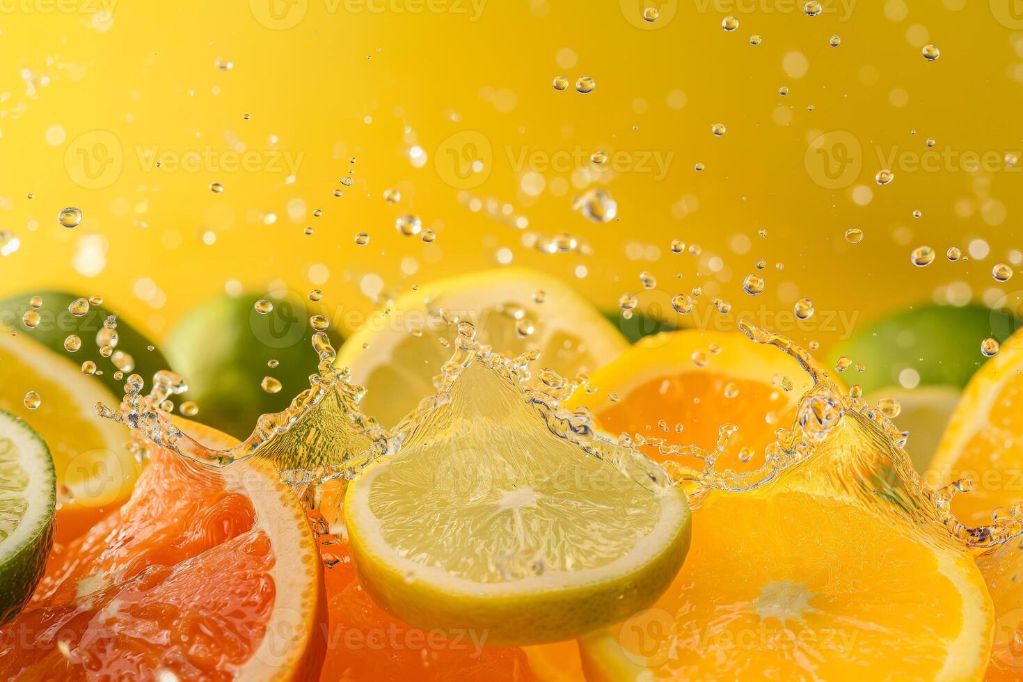 Lemon juice splashing on a light yellow to green gradient background, zesty and fresh photo