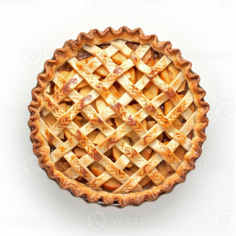 A rustic apple pie with a lattice crust, freshly baked, isolated on a white background photo