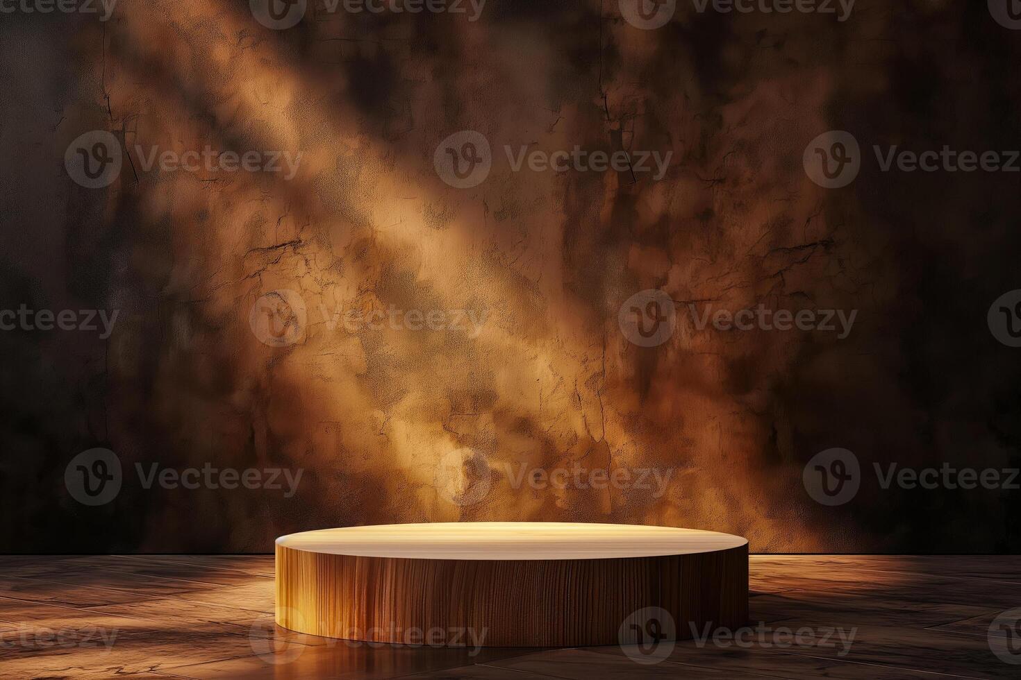 Luxurious wooden podium with velvet covering, 3D display stand, warm lighting, dark background photo
