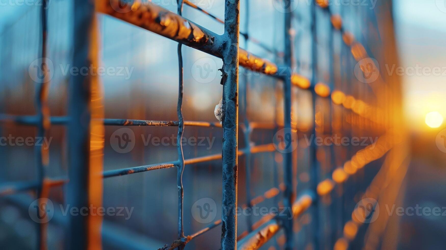 Macro shot of a metal grid with a focus on the intersection points, against a blurred background photo