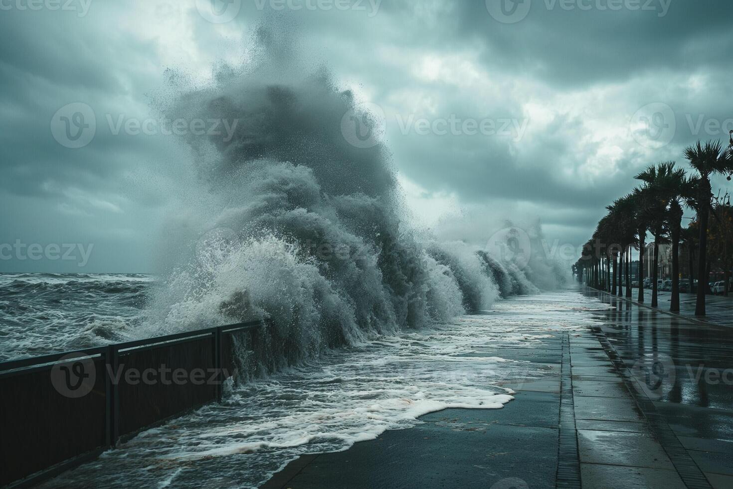 Waves crashing violently against a coastal seawall during a hurricane photo