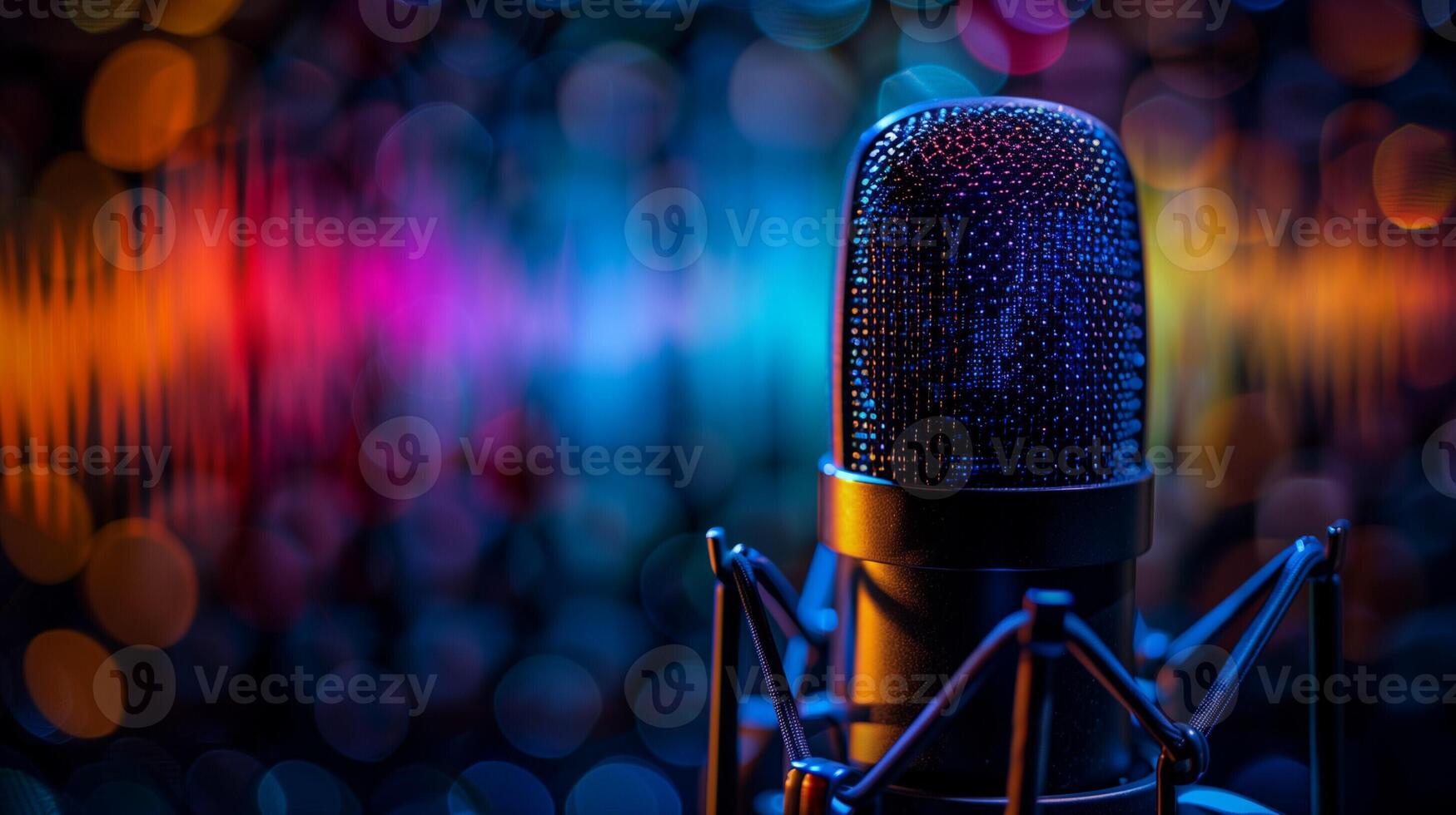 Dramatic lighting on a microphone with colorful abstract sound waves emanating in the background photo