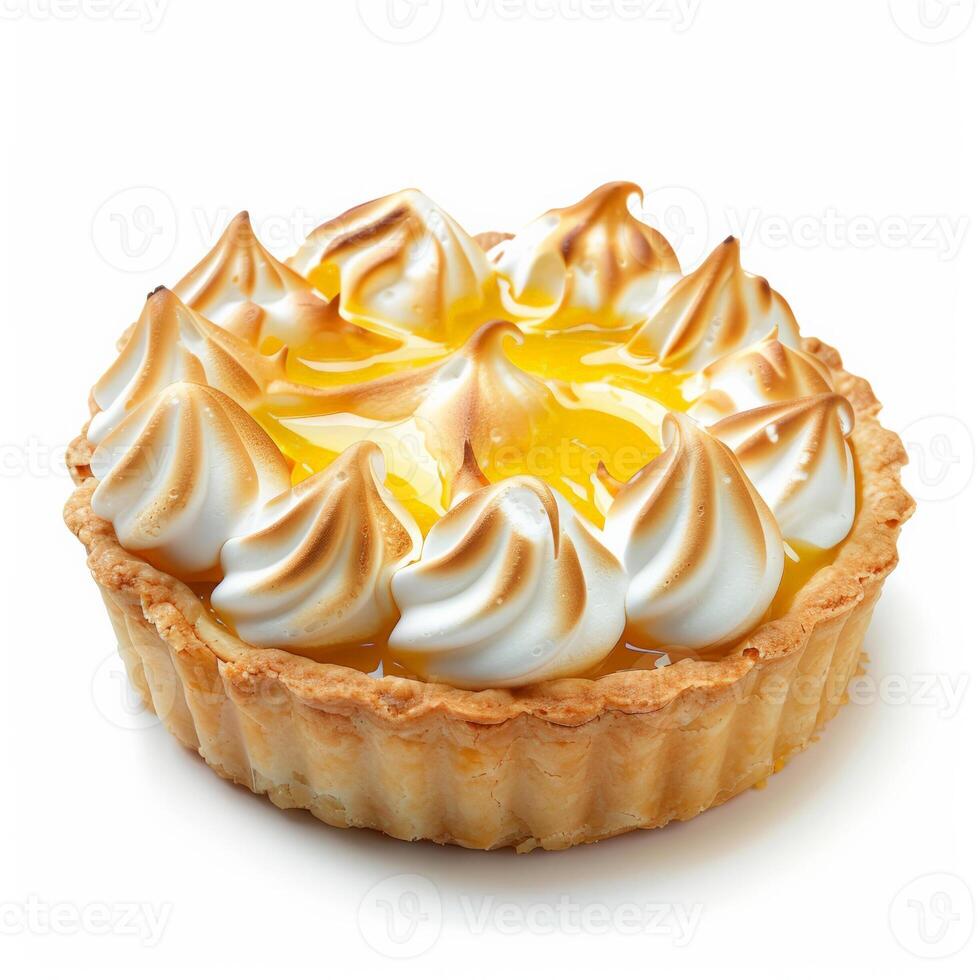 A vibrant lemon meringue pie with a glossy topping, isolated on a white background photo