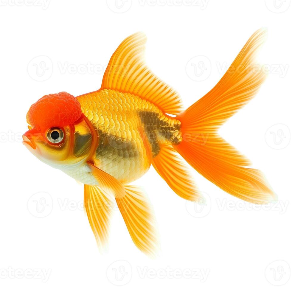 Vibrant orange and white goldfish isolated on a white background, ideal for pet care themes and educational material photo