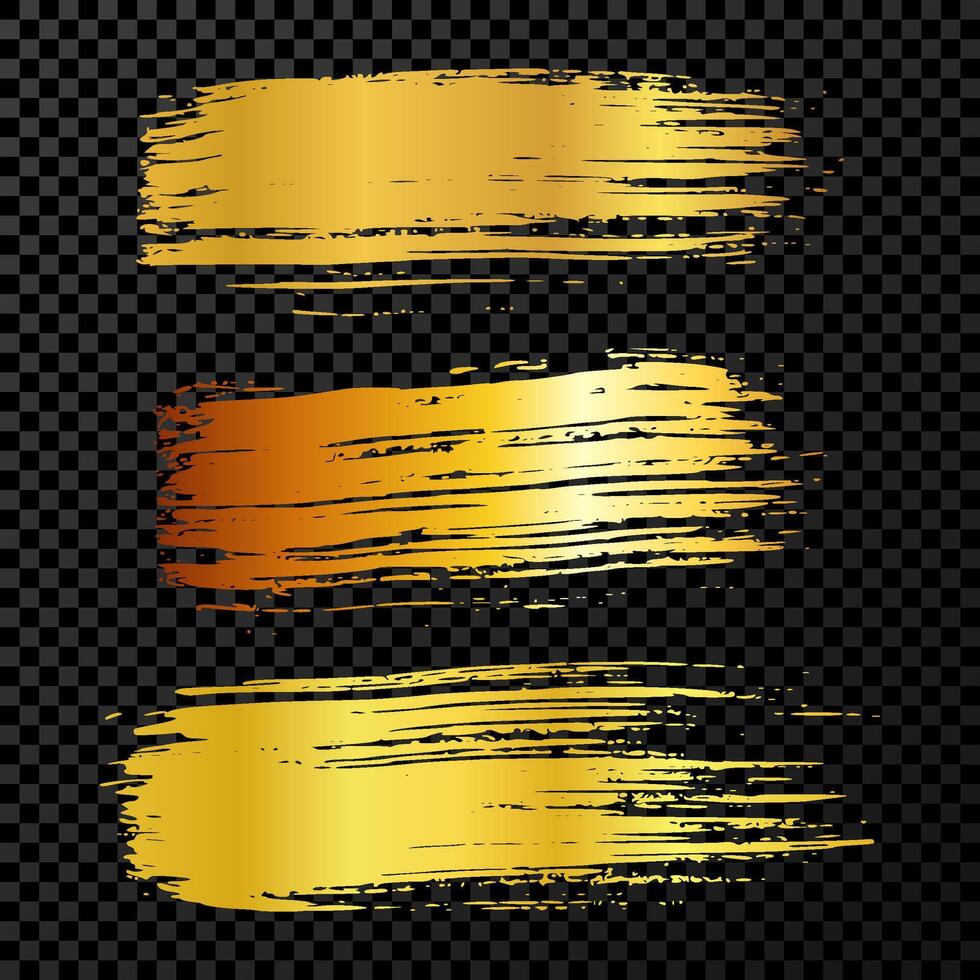 Set of three gold brush strokes. Hand drawn ink spots isolated on dark background. illustration vector