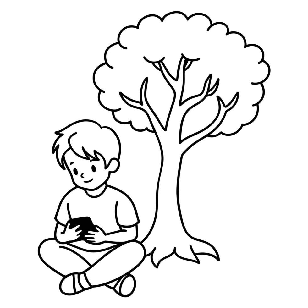 A Cute Boy is Using Mobile Phone Sitting Under A Tree vector