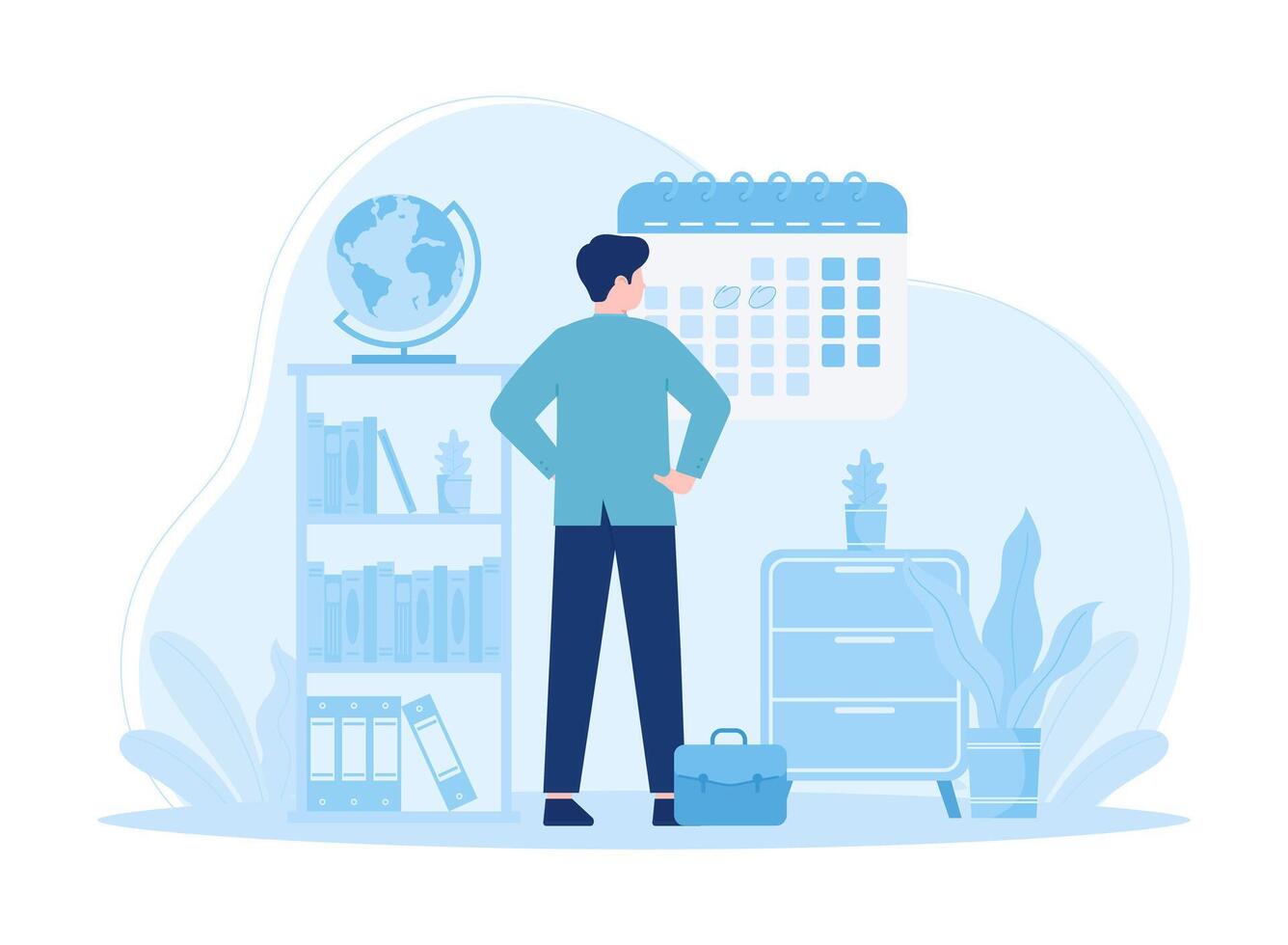 Office worker looking at monthly calendar concept flat illustration vector