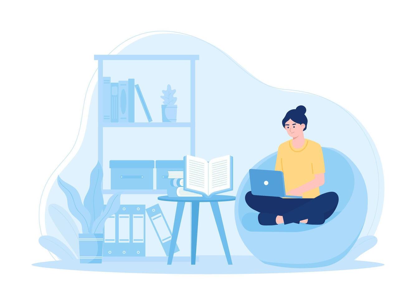 A woman sitting on the sofa studying using an laptop and books concept flat illustration vector
