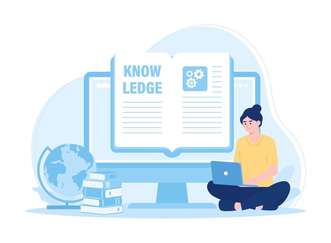 A female student sits on a book studying using a laptop concept flat illustration vector