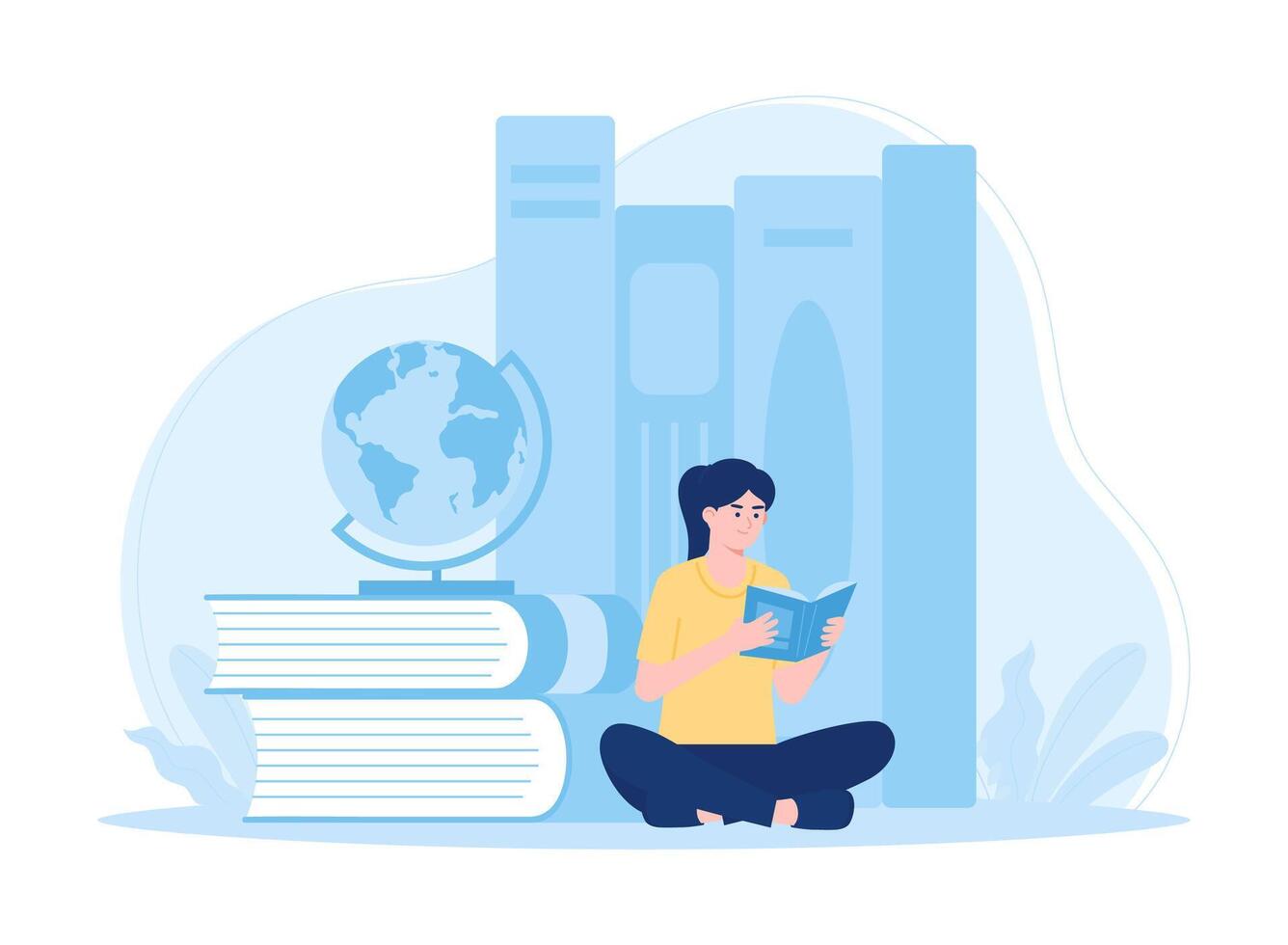 Reading educational learning students sitting reading books and globe concept flat illustration vector