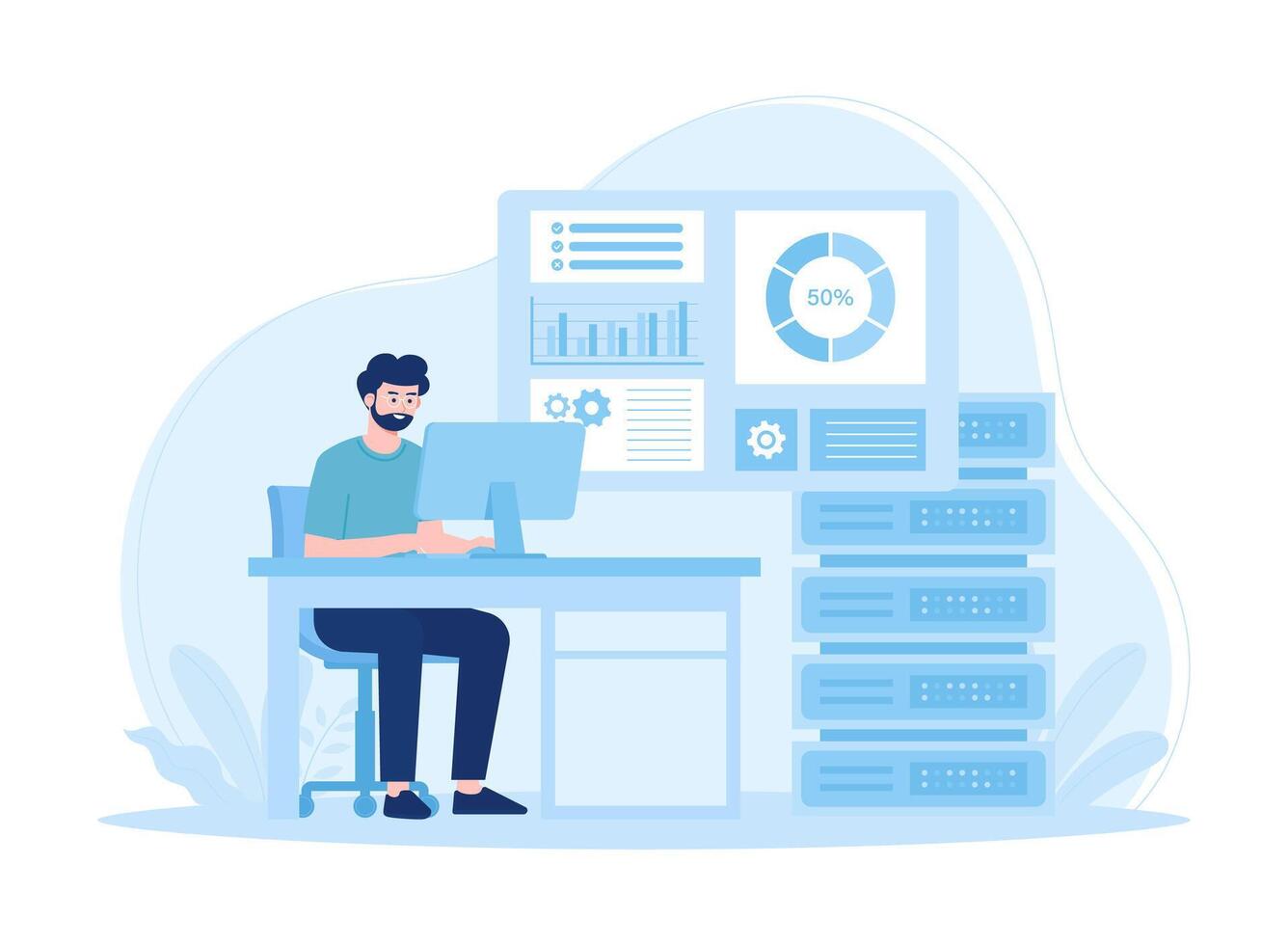 Man working on data analysis computing process using cloud technology software concept flat illustration vector