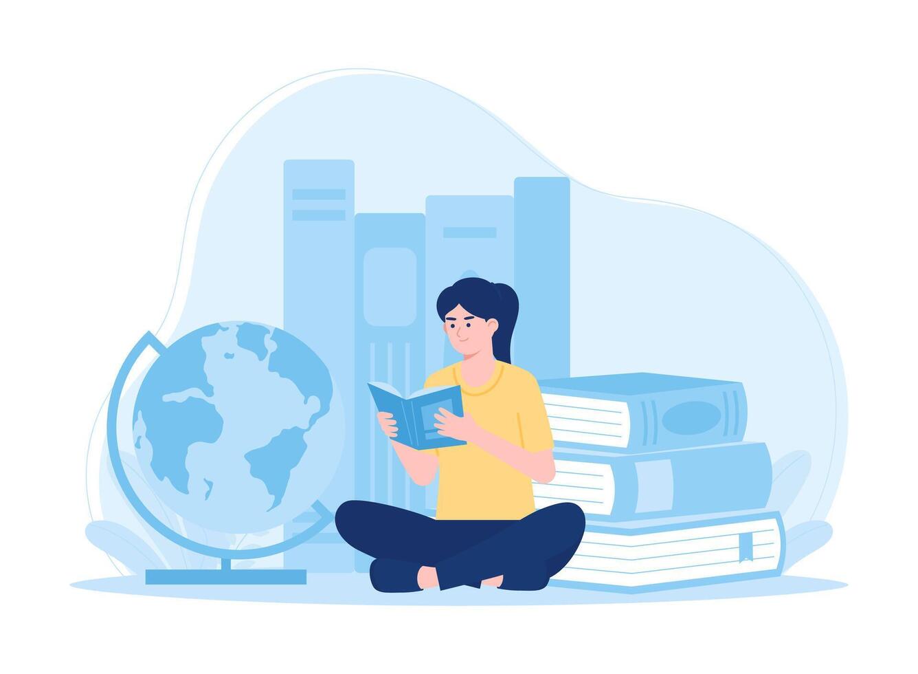 reading educational learning students sitting reading books and globe concept flat illustration vector