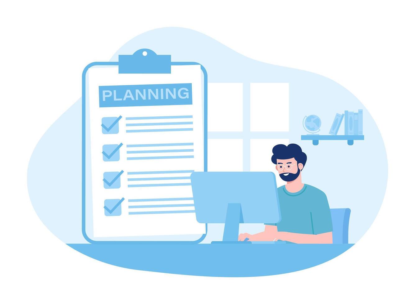 Businessman analyzes data and makes checklist with development plan concept flat illustration vector