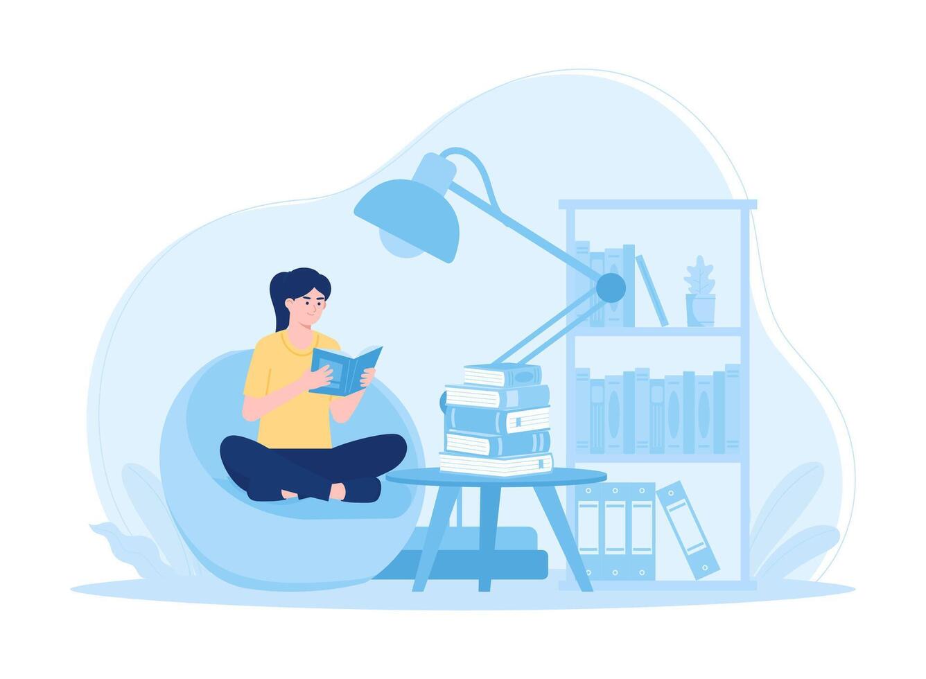 A woman studying in a study room with books and a study lamp concept flat illustration vector
