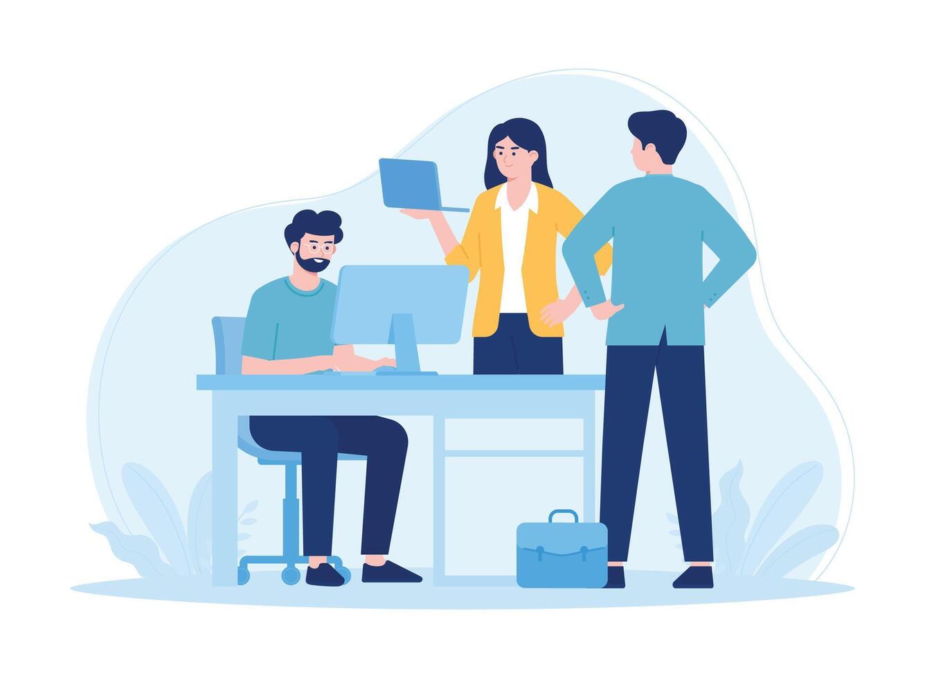 Business people working together in the office in a company employee meeting discussing tasks with laptops concept flat illustration vector