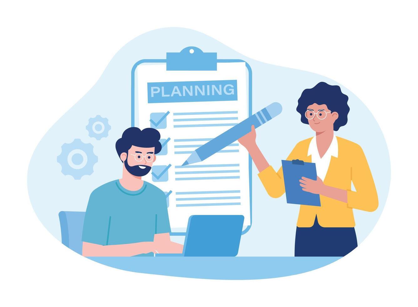 a man working on a task and a woman planning her work concept flat illustration vector