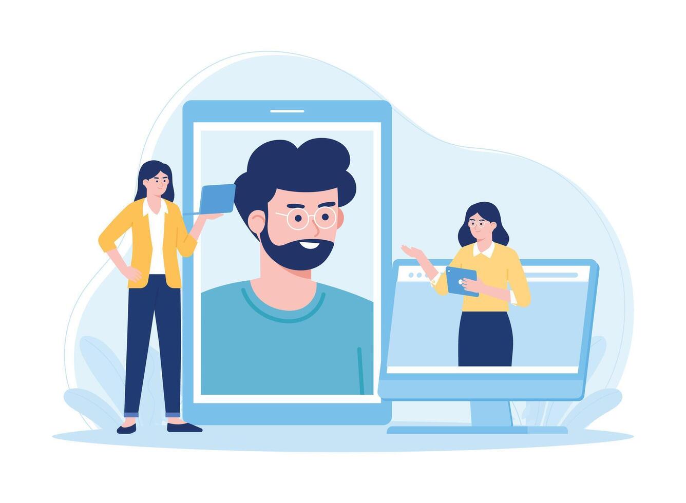 workers conduct online meetings virtual team building or conferencing at headquarters concept flat illustration vector