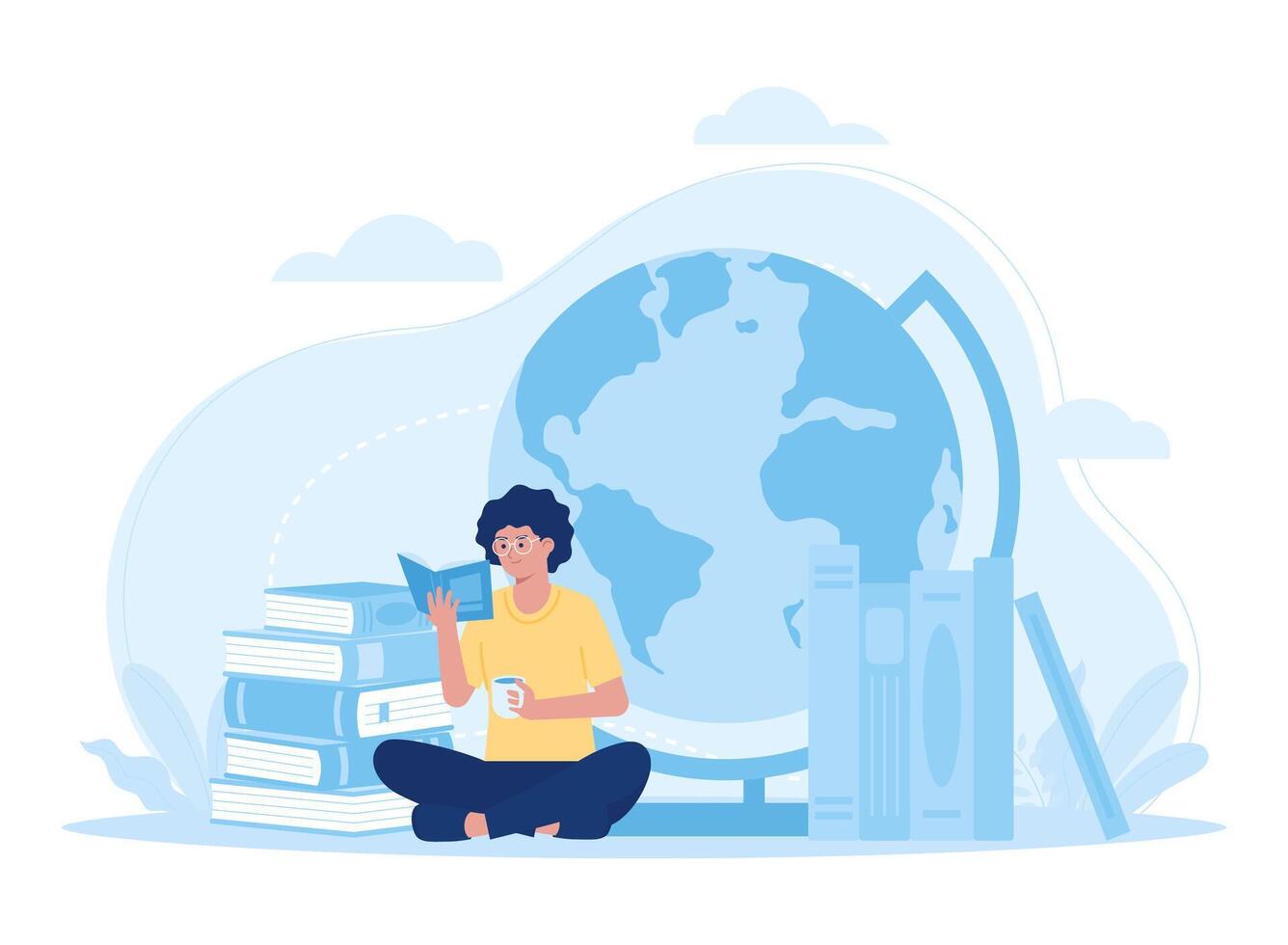 Reading educational learning students sitting reading books and globe concept flat illustration vector