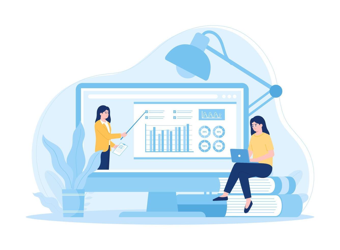 A female student sits on a book studying using a laptop concept flat illustration vector