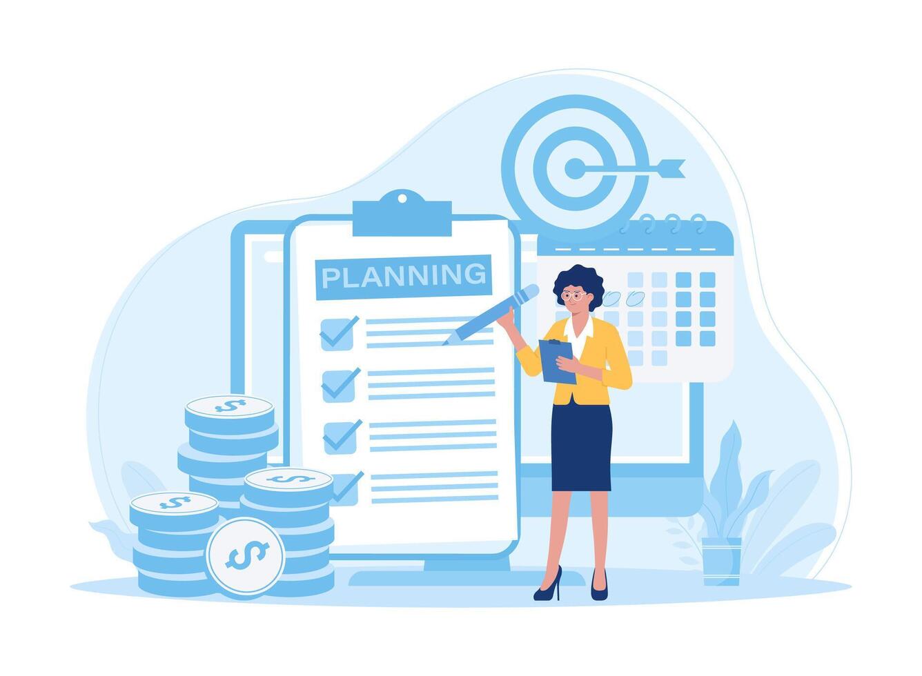 Businessman analyzes data and makes checklist with development plan concept flat illustration vector