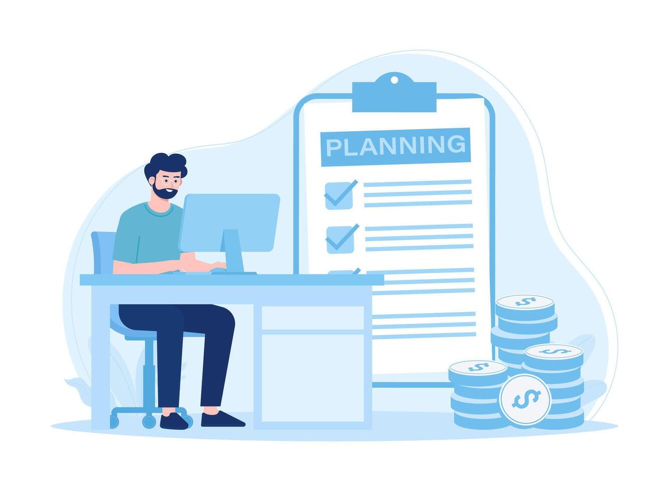 Businessman analyzes data and makes checklist with development plan concept flat illustration vector