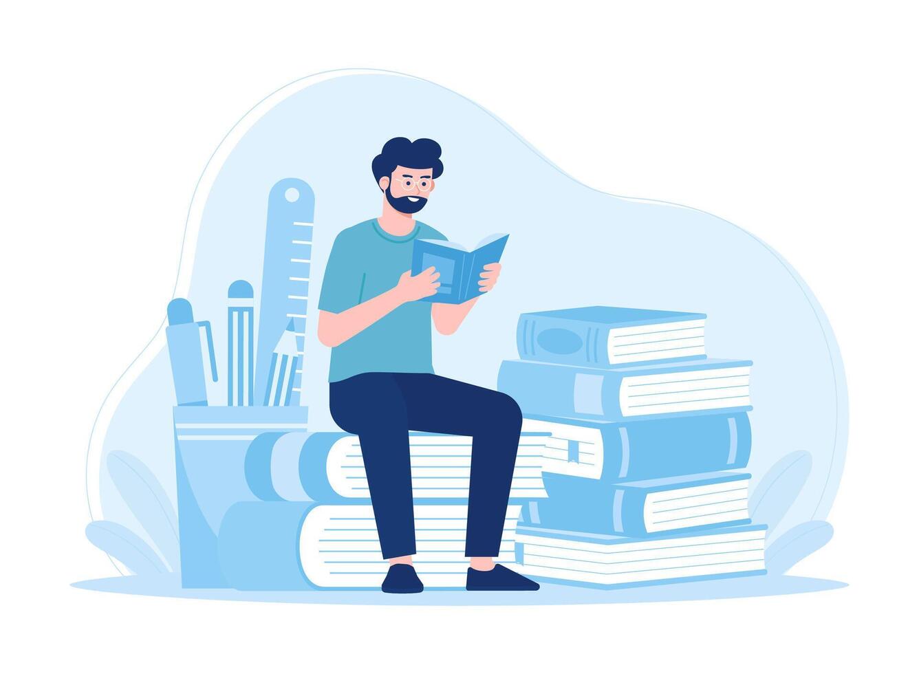 Reading education learning student sitting at book and reading concept flat illustration vector