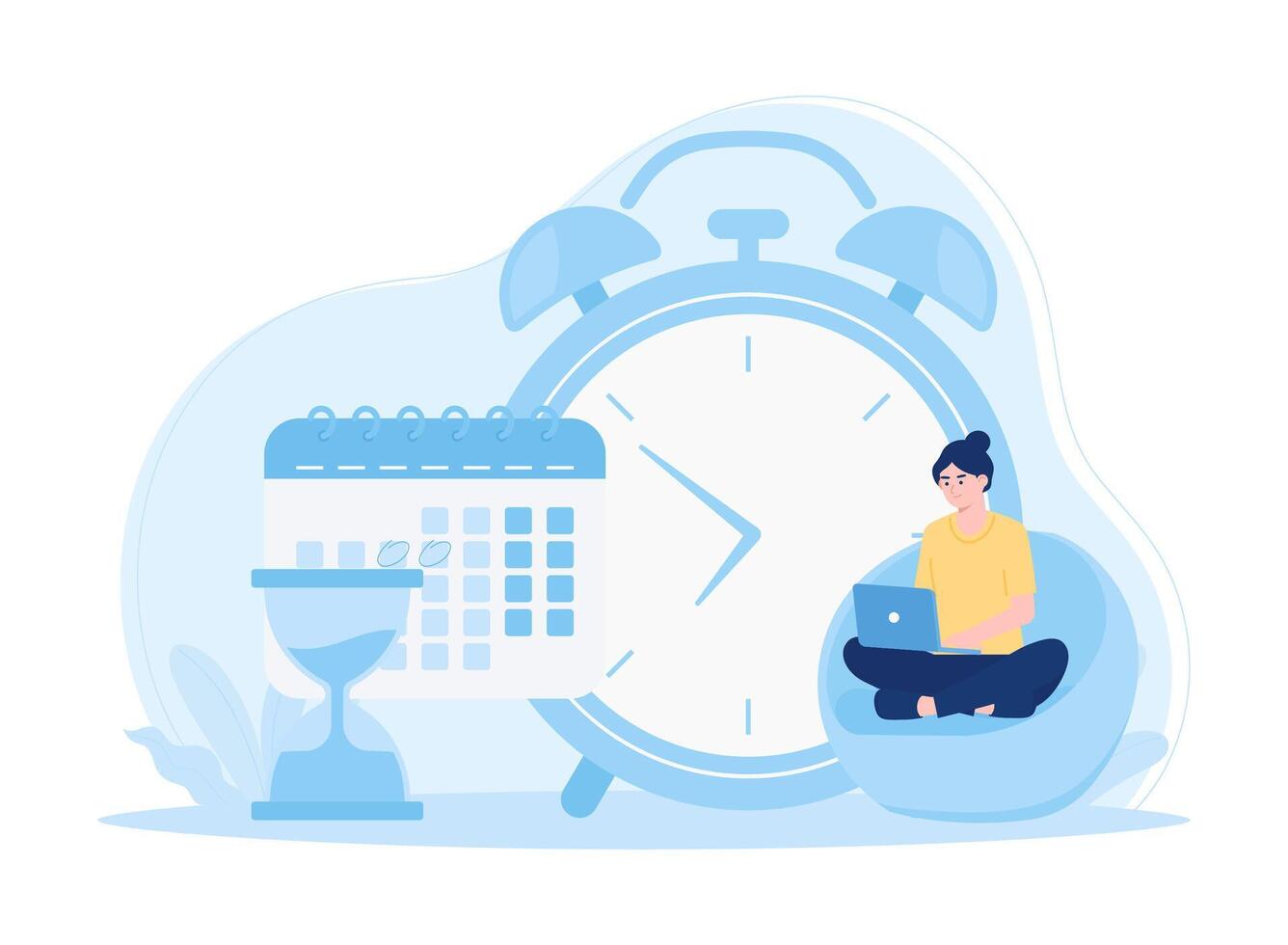 Time management woman sitting with laptop working on time concept flat illustration vector