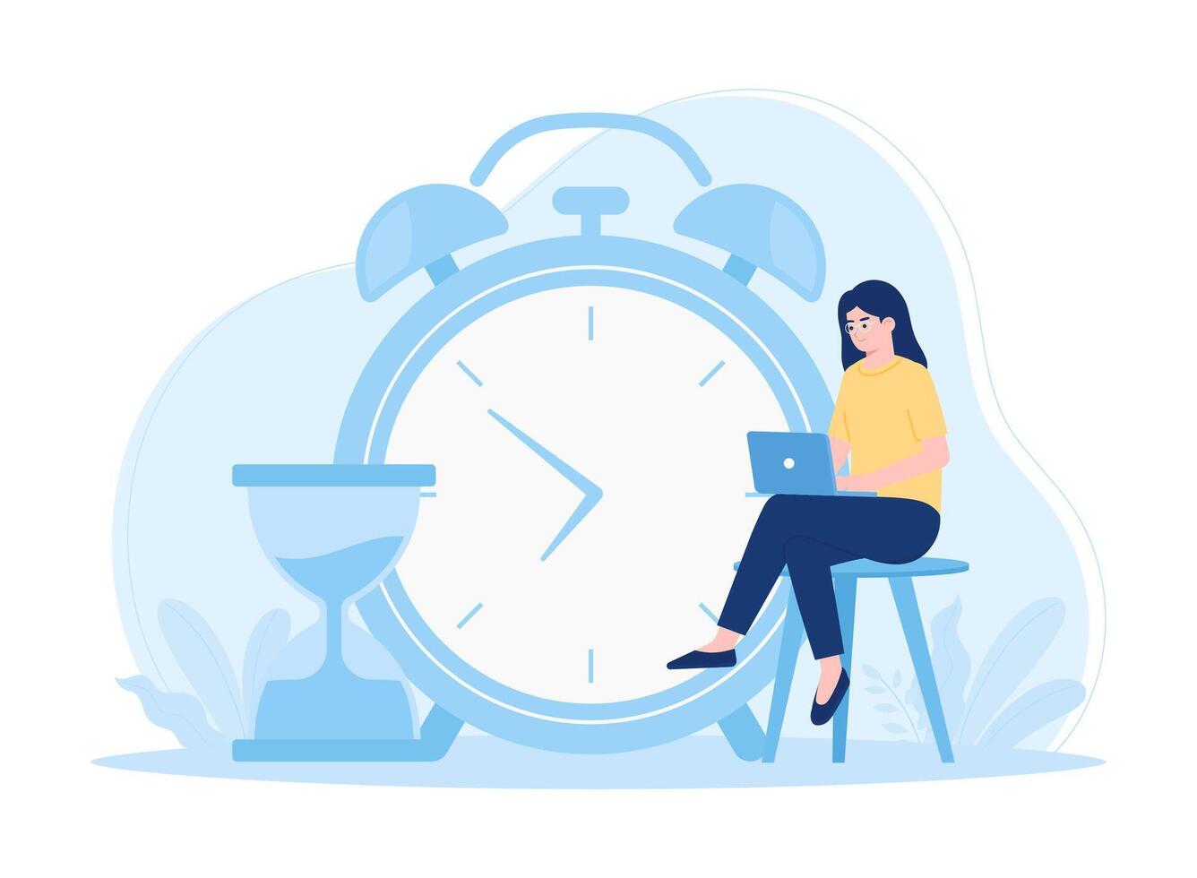 Time management woman sitting with laptop alarm clock and hourglass concept flat illustration vector