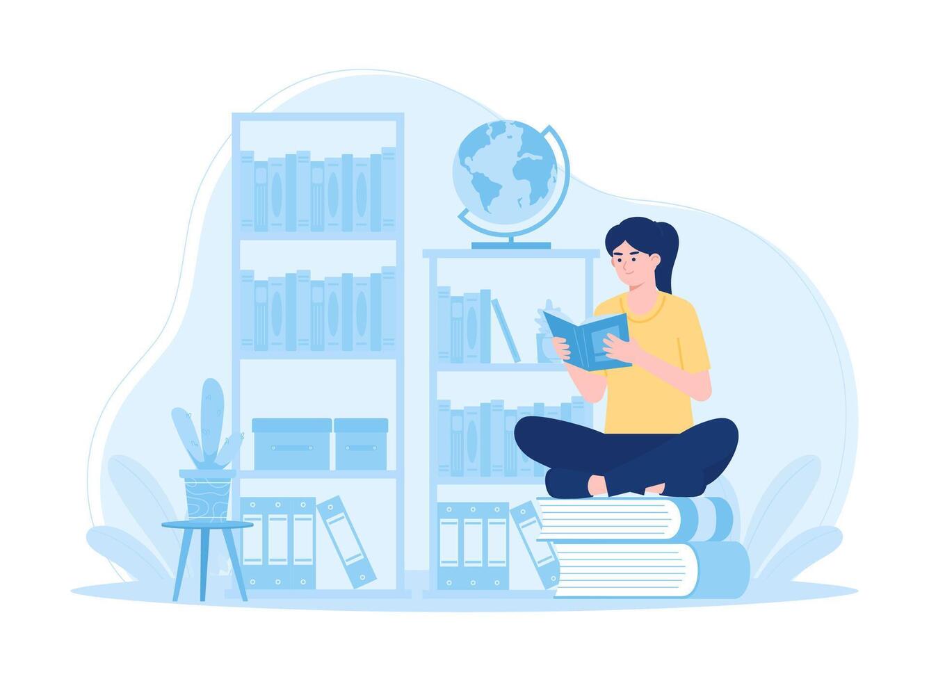 Woman sitting on a book studying in the library concept flat illustration vector