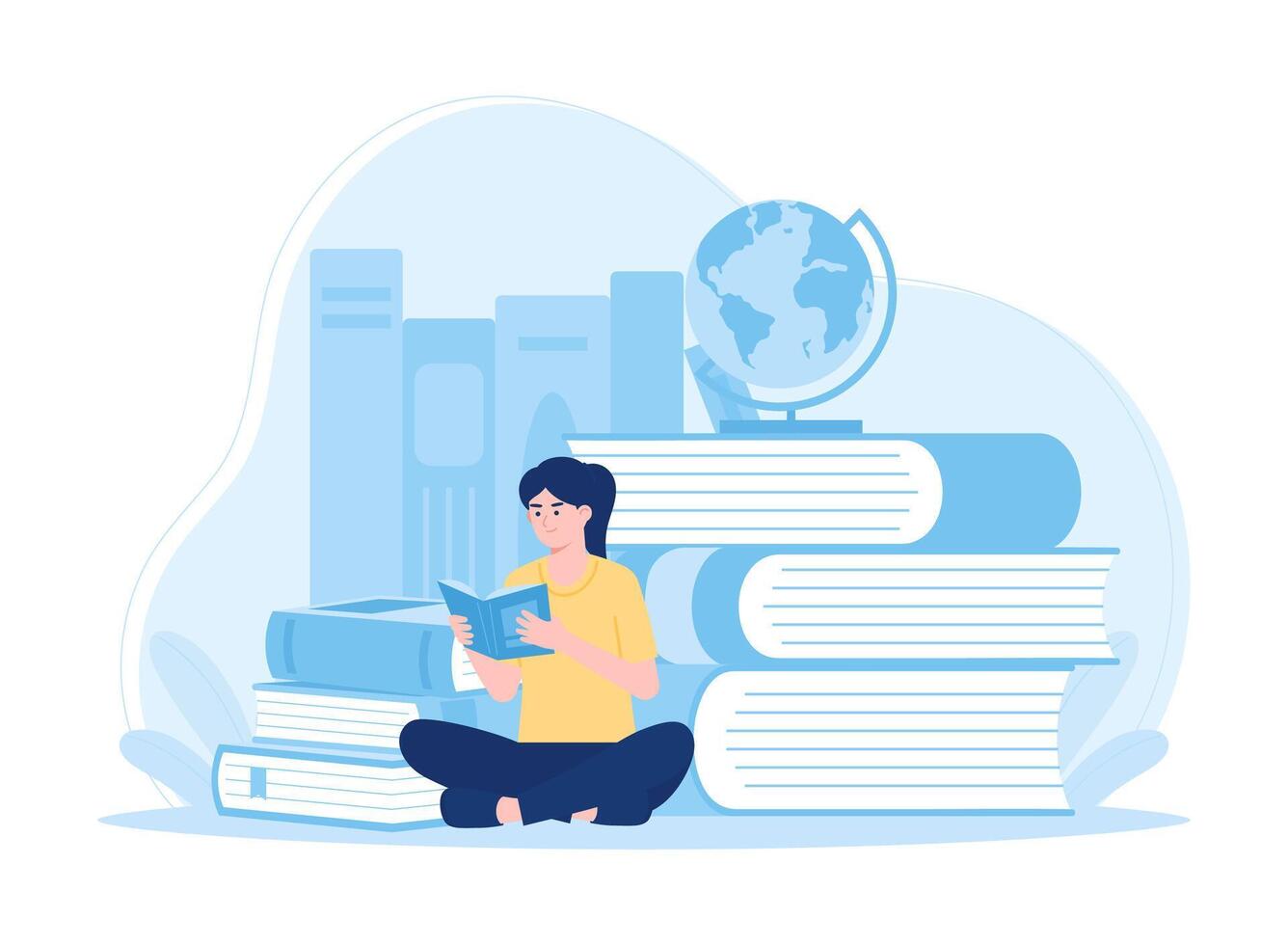 Reading educational learning students sitting reading books and globe concept flat illustration vector