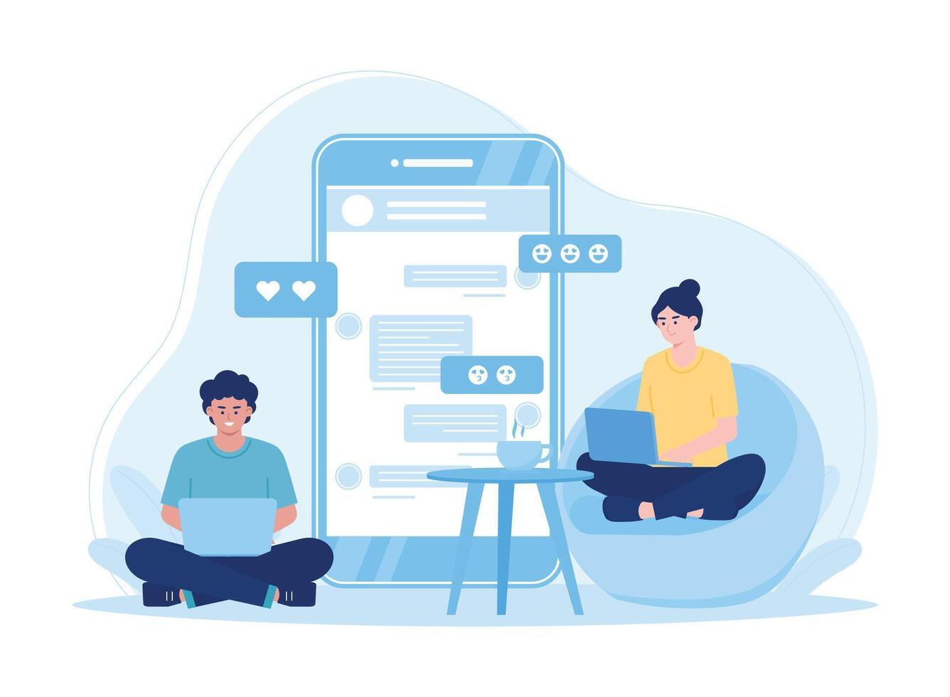 the two couples are chatting using laptops concept flat illustration vector