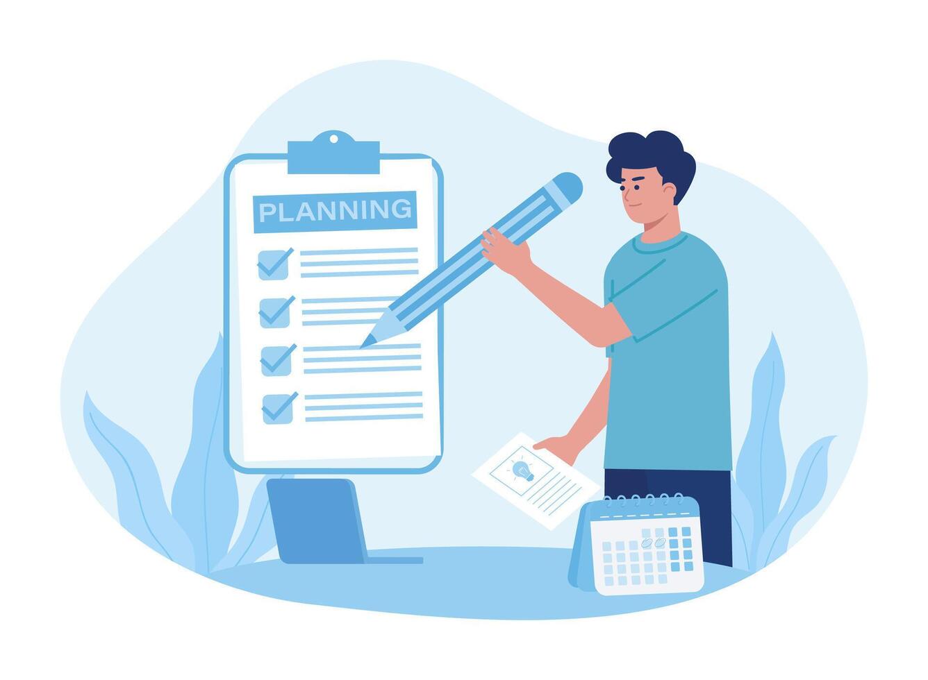 a man writes all the ideas on a note concept flat illustration vector