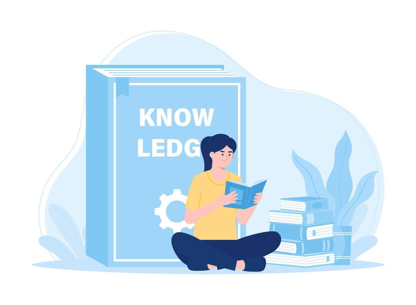 A woman sits reading a book of knowledge concept flat illustration vector