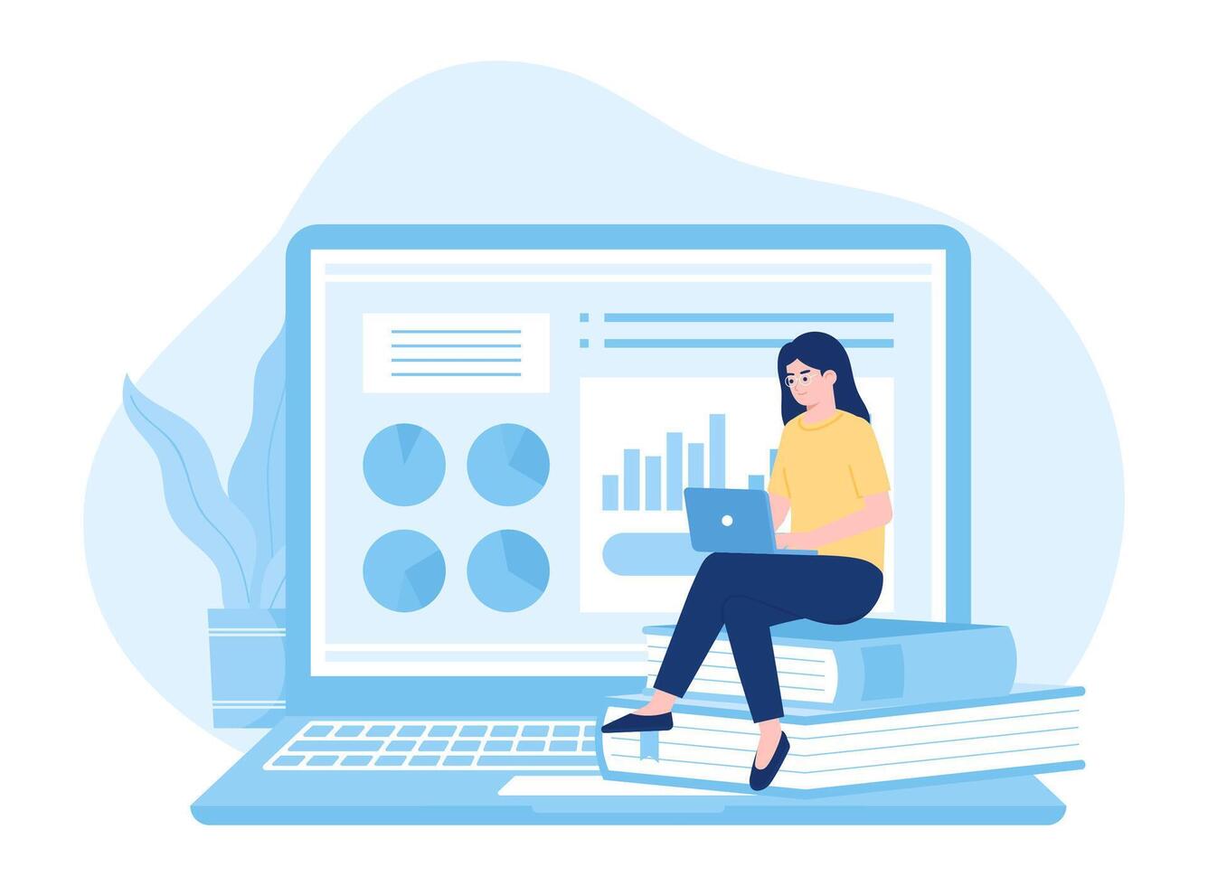 A female student sits on a book studying using a laptop concept flat illustration vector