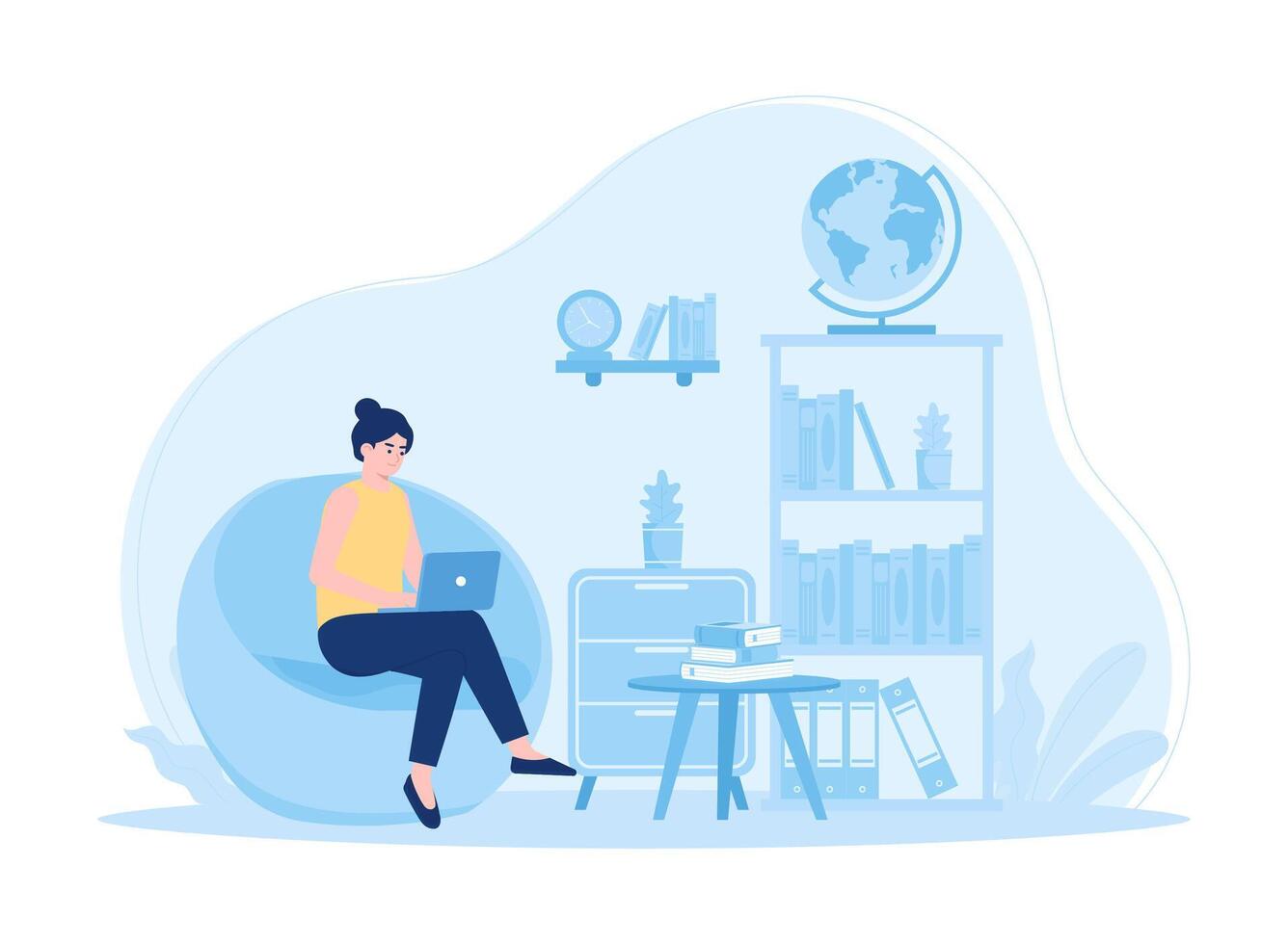 A female student sits on a book studying using a laptop concept flat illustration vector