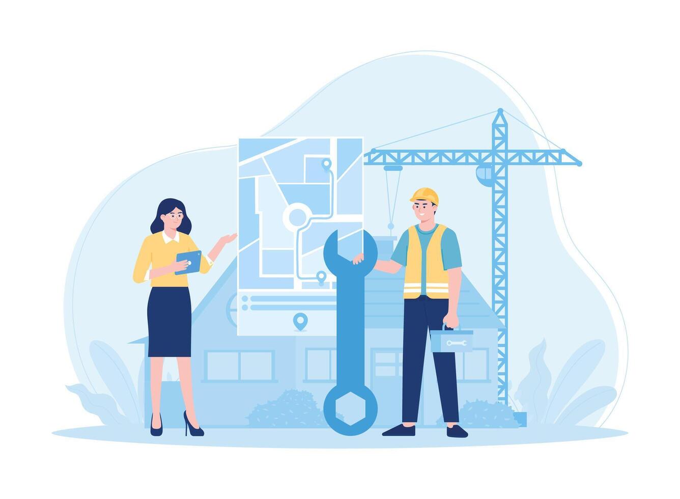 workers build a house on the site concept flat illustration vector