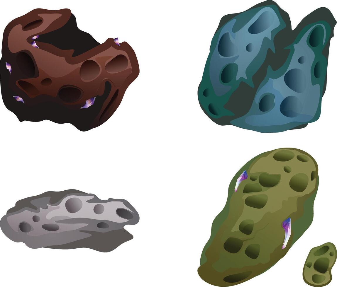 Fantasy flying islands for 2d ui game design. cartoon set of platforms of rock pieces with volcano, lava and magic crystals. Graphic assets for game or mobile app with floating islands vector