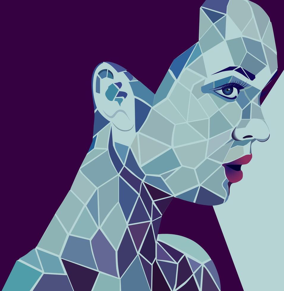 Graphic girl in blue, purple and gray colors. Form of separation into particles. vector