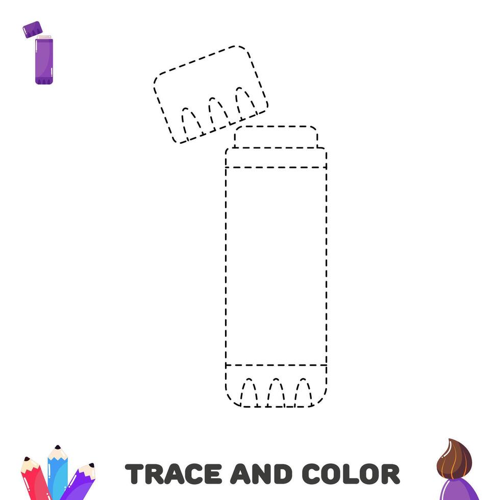 Trace and color glue stick. Educational worksheet for kids with school