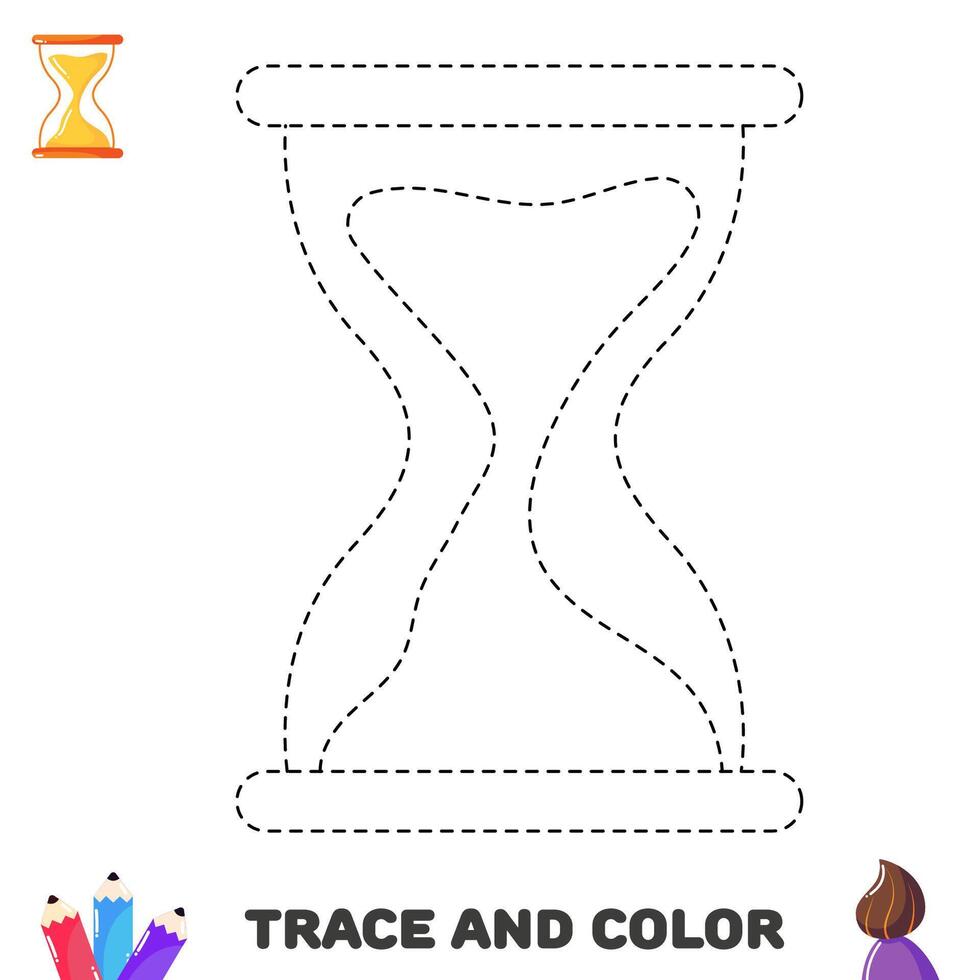 Trace and color sand clock. Educational worksheet for kids with school supply vector