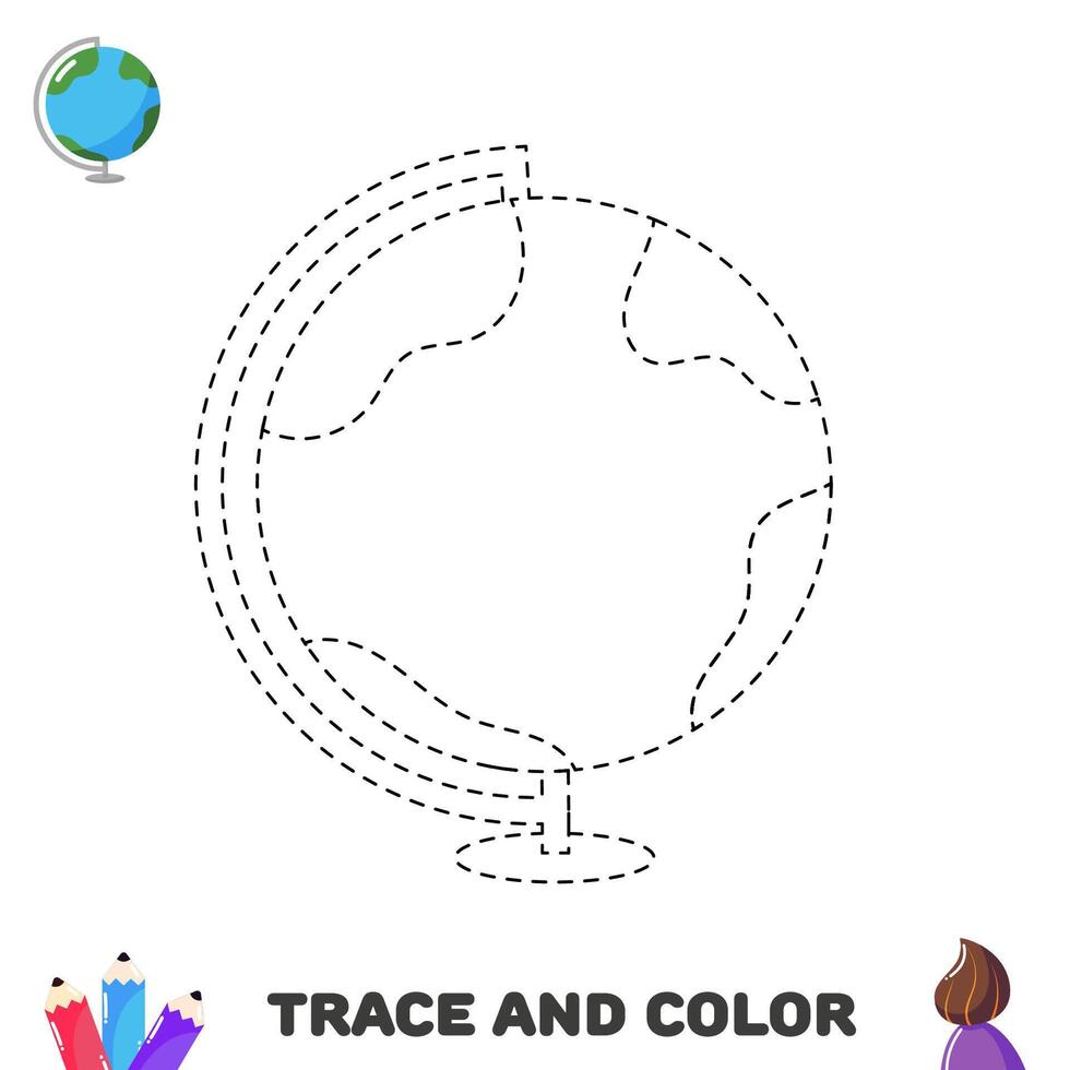 Handwriting practice for kids. Trace and color globe. School supplies vector