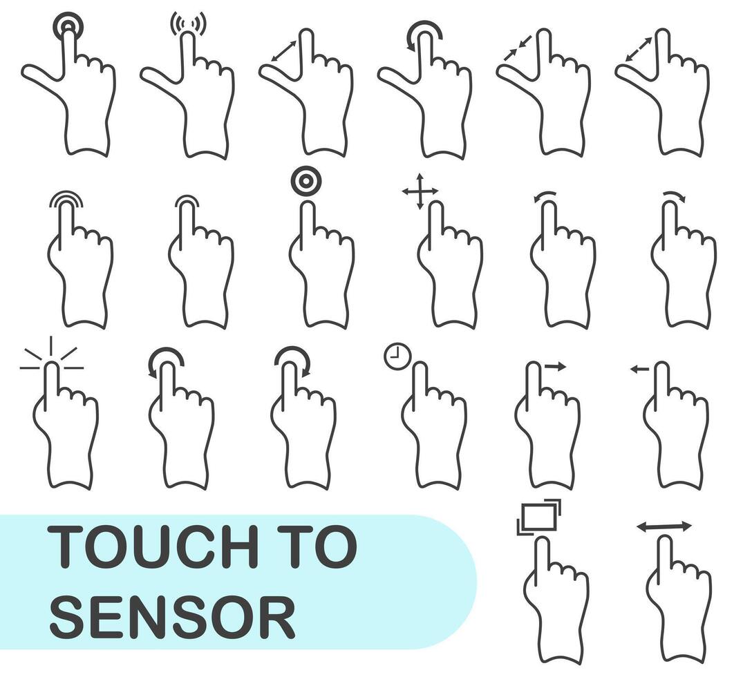 Hand on touch screen. Touch screen with hand icon set in thin line style. vector