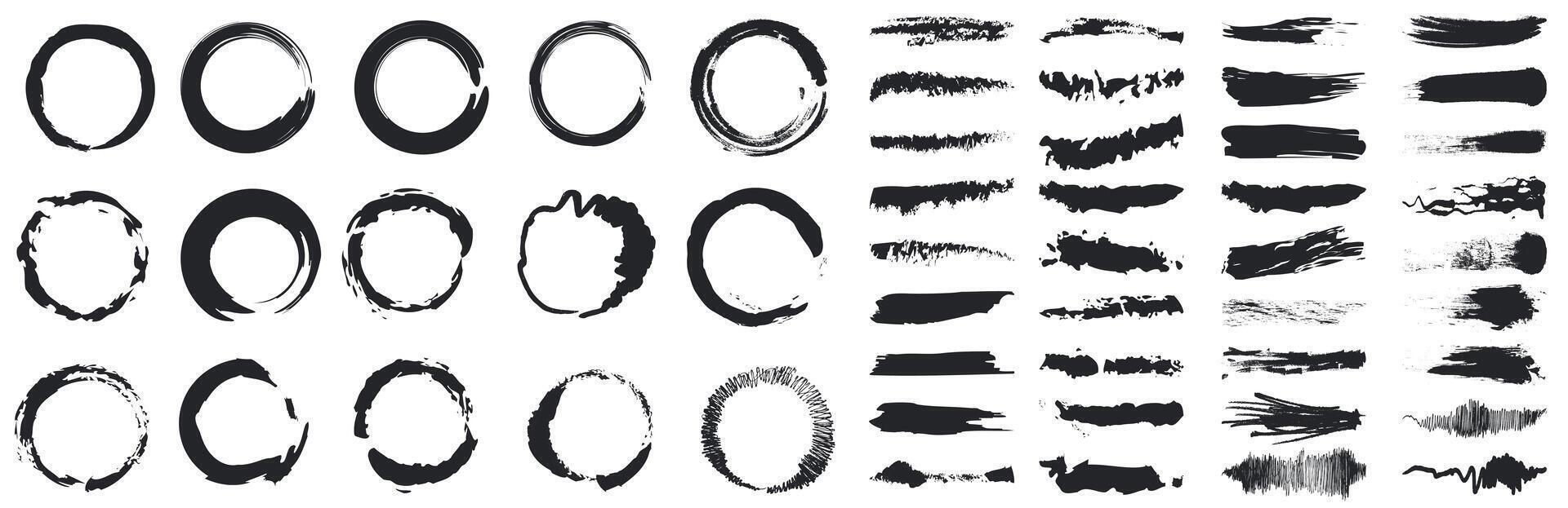 Smears of various calibers. Dark strokes. Set of brushes. Round frames. vector
