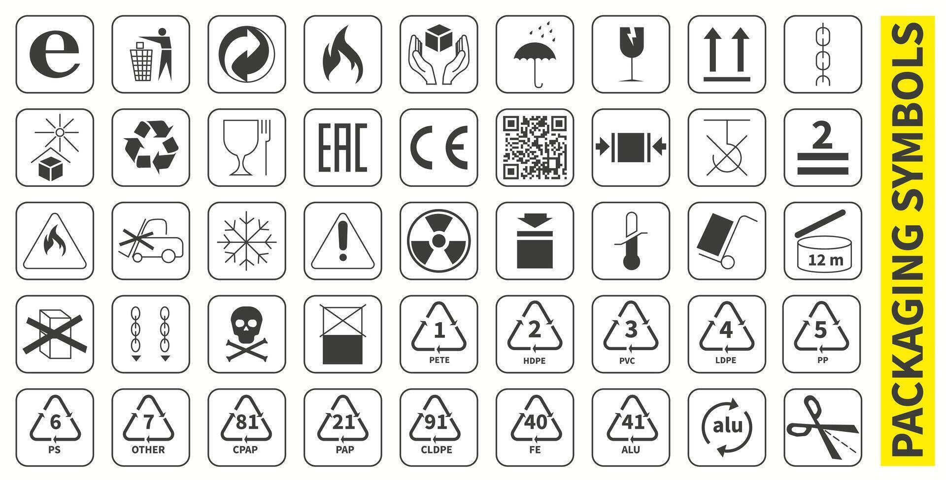 Set of packaging symbols for transportation. Storage and product information. Dark symbols isolated on white background. vector