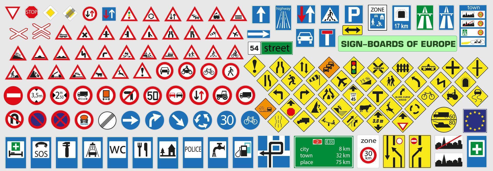 European road signs. A large set of road signs. Signs indicate danger or prohibit and warn. vector