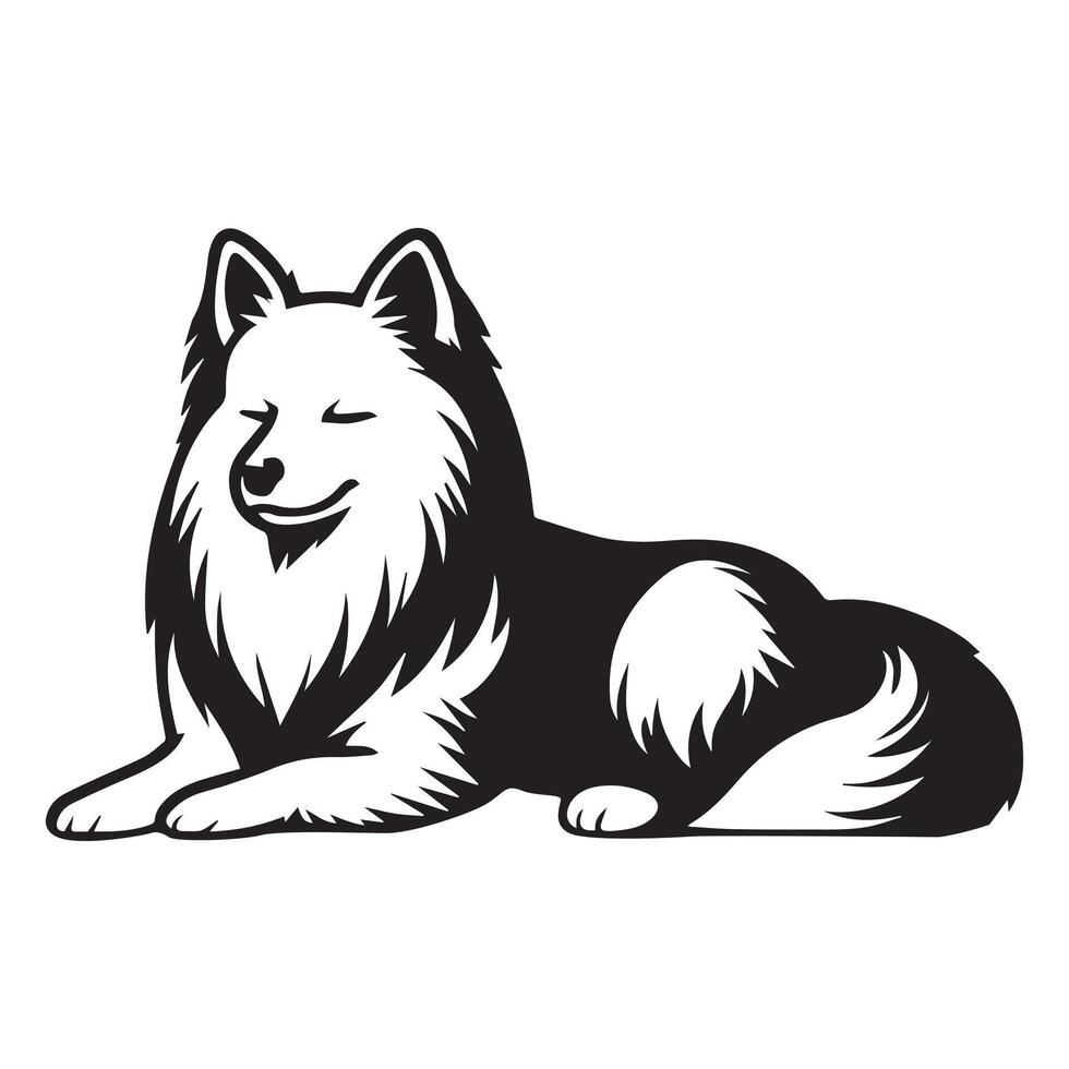 Relaxed Finnish Spitz dog illustration in black and white vector