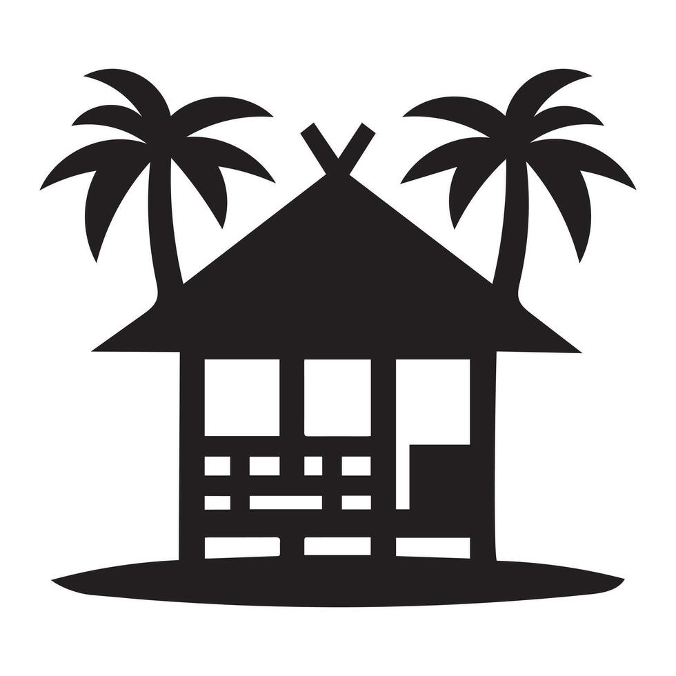 Tiki Hut illustration in black and white vector