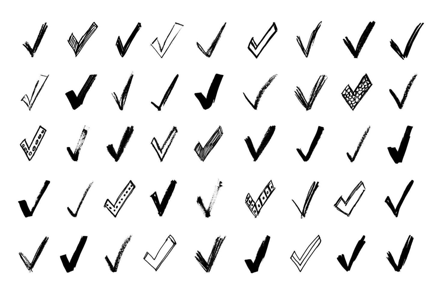 Scribble grunge check mark icons collection. Marker, pen and crayon check marks signs set vector